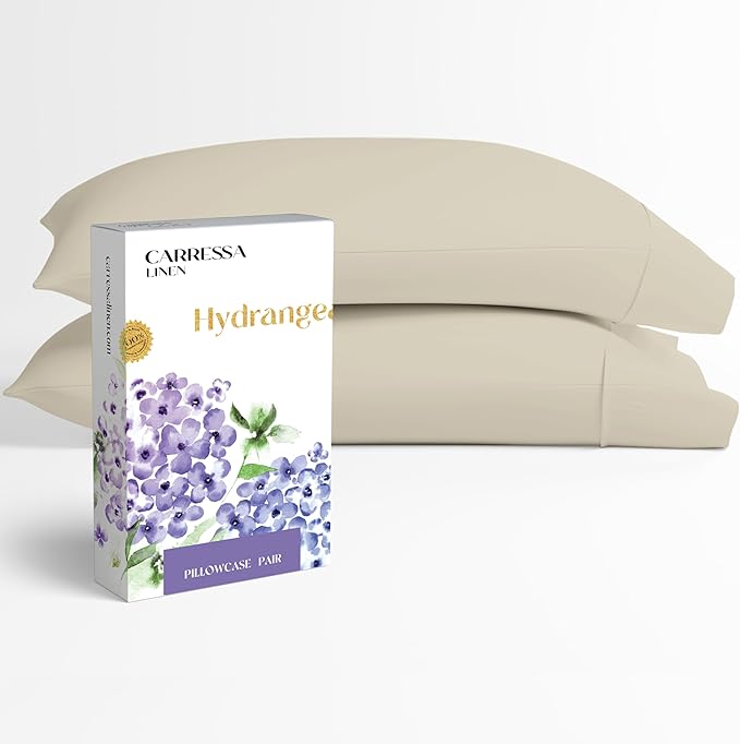 Carressa Linen 100% Egyptian Cotton Pillow Cases Queen Size Set of 2 - Luxury 600 Series Hydrangeas Collection Queen Size Pillowcases (Sand), Cooling Sateen Weave Hotel Quality Bed Pillow Cover