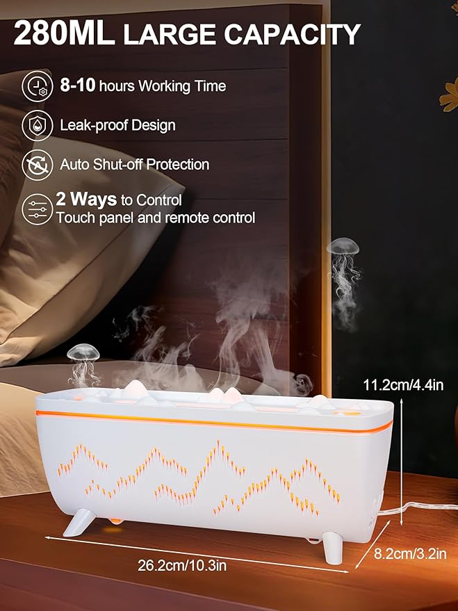 280ML Volcano Jellyfish Diffuser: Low Noise 2 Ring Holes with Timer - Aromatherapy Aroma Humidifiers for Bedroom Office Hotel - Essential Oil Flame Air Diffuser Leak-Proof