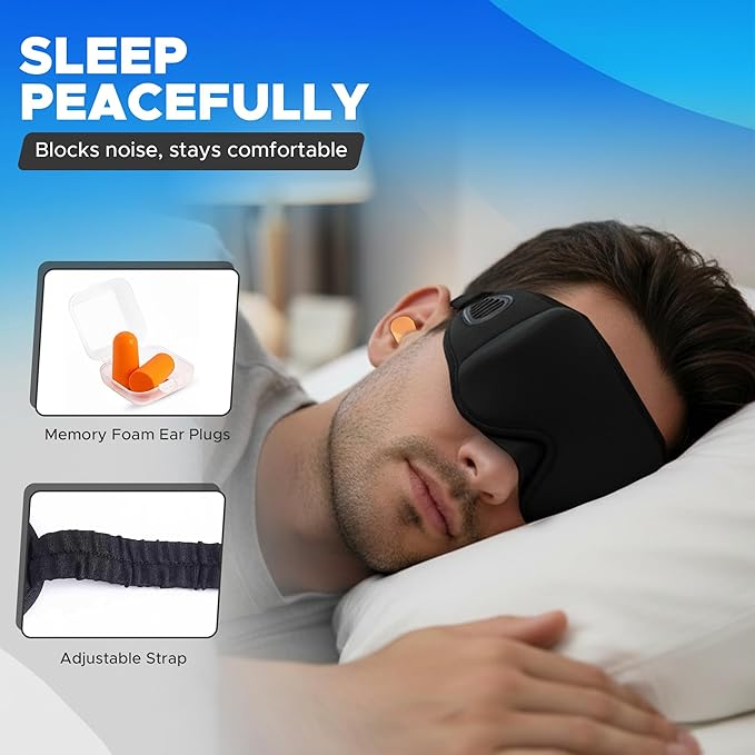 Contoured Sleep Eye Mask with Ventilation – Soft, Lightweight & Breathable Eye Cover for Travel, Home & Office – Adjustable Strap for All Sleep Positions – Black