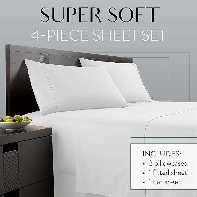 Danjor Linens Twin Bunk Bed Sheets w/ 2 Pillowcases, Lightweight Brushed Microfiber Deep Pockets, 4 Piece Fitted Bedding Sets, White