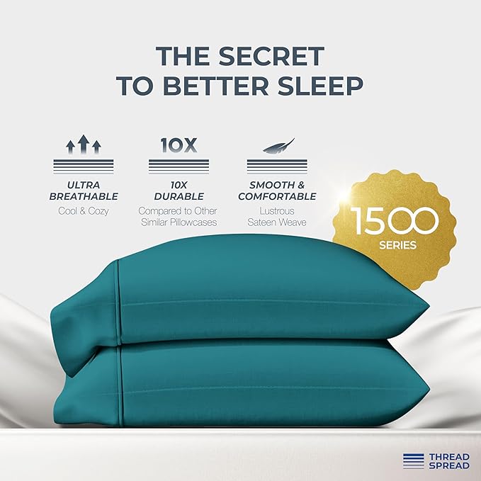 THREAD SPREAD 100% Egyptian Cotton King Size Pillow Cases Set of 2 - Luxury 1500 Series Pillow Cases King Size (Teal), Soft Cooling Envelope Closure Hotel Quality Egyptian Cotton Pillowcases
