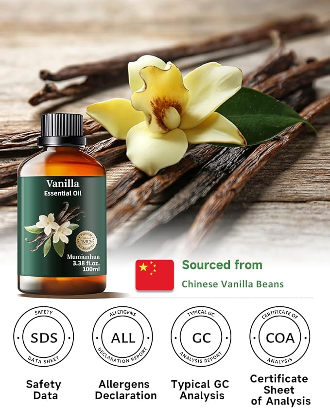 Vanilla Essential Oil, Pure Vanilla Oil Mumianhua Natural Vanilla Bean Oil for Diffuser, Aromatherapy, Skin, Perfume,Candle, Soap Making,DIY 3.38 Fl Oz