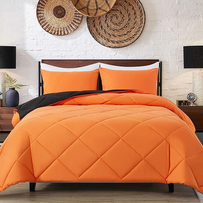 Decroom Lightweight King Comforter Set with 2 Pillow Sham - 3 Pieces Set - Quilted Down Alternative Comforter/Duvet Insert for All Season - Orange/Black - King Size