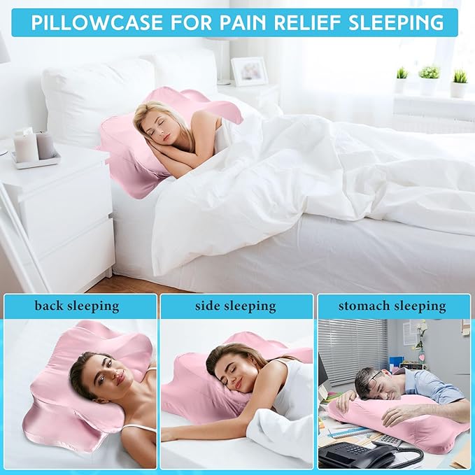 Hahafelt Cooling Cervical Neck Pillowcase Cover (Only Pillow Case) Ergonomic Pillowcase with Zipper Breathable Contour Pillow Cover for Side Back Stomach Sleepers(Pink,Standard Size)