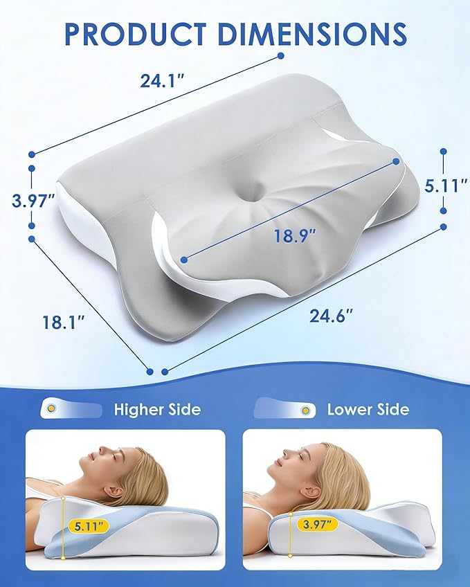 Cervical Neck Pillow for Back Side Sleepers, Memory Foam Double-Side Ergonomic Contoured Pillows with Cooling Pillowcase, Mellow Sleep Pillows for Sleeping, Pillow for Neck and Shoulder
