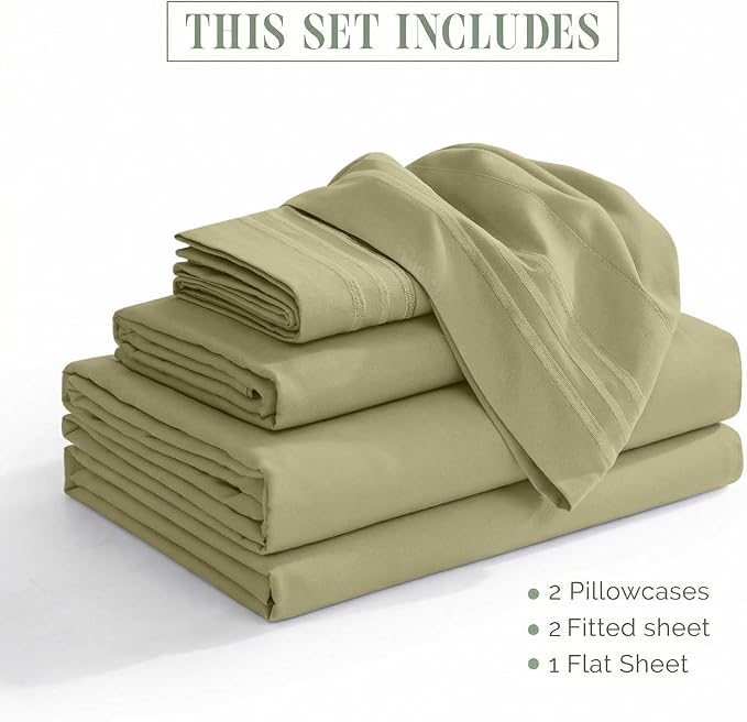 Elegant Comfort Luxurious 1500 Premium Hotel Quality Microfiber Three Line Embroidered Softest 5-Piece Bed Sheet Set, Wrinkle and Fade Resistant, Split King, Sage-Green