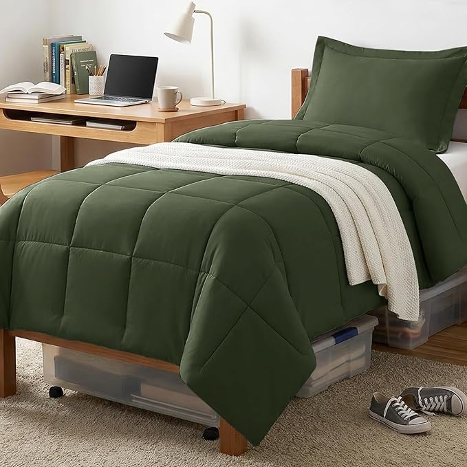 CozyLux Twin/Twin XL Comforter Set Olive Green - 2 Pieces Box Stitched Twin Bed Set for Teen Boys and Girls with All Season, Soft Bedding Sets with 1 Down Alternative Comforter and 1 Pillow Sham