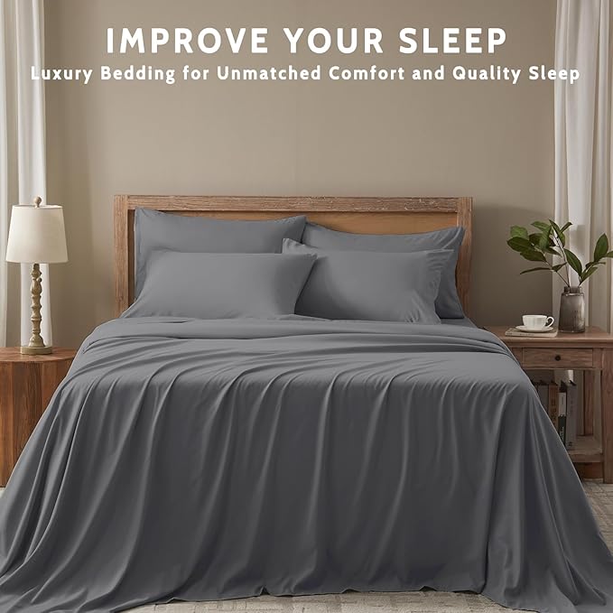 King Size Sheets Set - 6 Piece Luxuriously Soft & Cooling Sheets King Size - Ultra Soft 16" Deep Pocket King Sheet Set - Fitted Sheet & Pillowcase Sets (King Dark Grey)