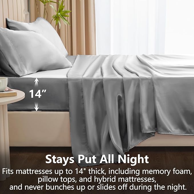 CozyLux Satin Sheets Twin Sheet Set - 3 Piece Silky Twin Bed Sheets, Luxury Light Grey Sheet Twin Size Bed Set with Smooth and Soft Microfiber, Includes 1 Fitted Sheet, 1 Flat Sheet and 1 Pillowcase