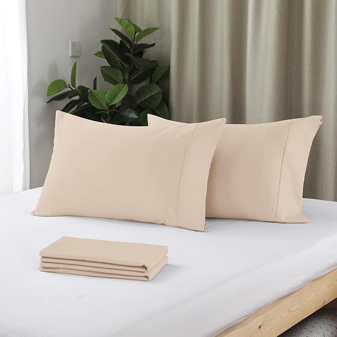 100% Egyptian Cotton Pillow Cases Set of 2,King Size 400 Thread Count Cooling Pillowcases,Soft and Breathable Pillow Covers with Envelope Closure,20x36 Inches, Beige