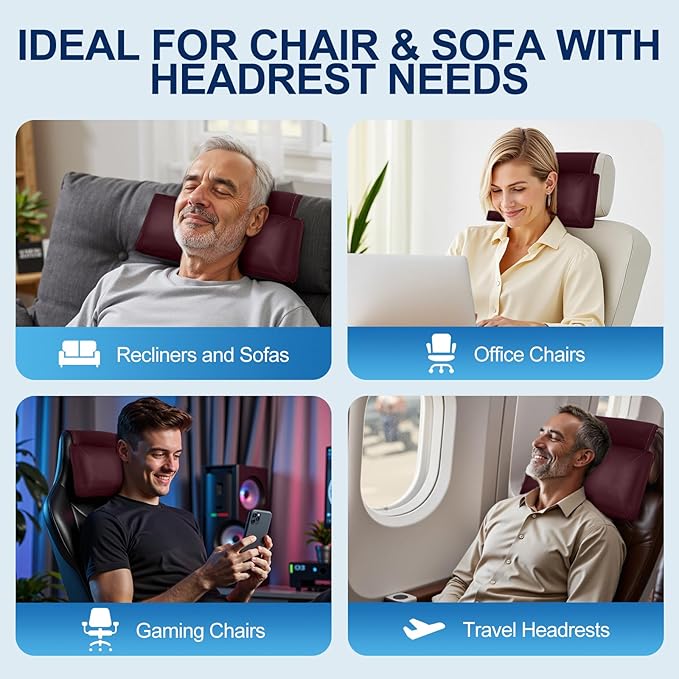 Leather Recliner Pillow, Adjustable Neck & Head Support Pillow, Pu Leather Non-Slip Headrest for Pain Relief & Relaxation, Ideal for Recliner Chair, Couch, Office Chair, Sofa
