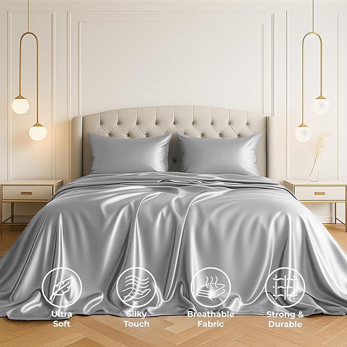 Satin Sheets King [4-Piece, Grey] Hotel Luxury Silky Bed Sheets - Extra Soft 1800 Microfiber Sheet Set, Wrinkle, Fade, Stain Resistant - Deep Pocket Fitted Sheet, Flat Sheet, Pillow Cases