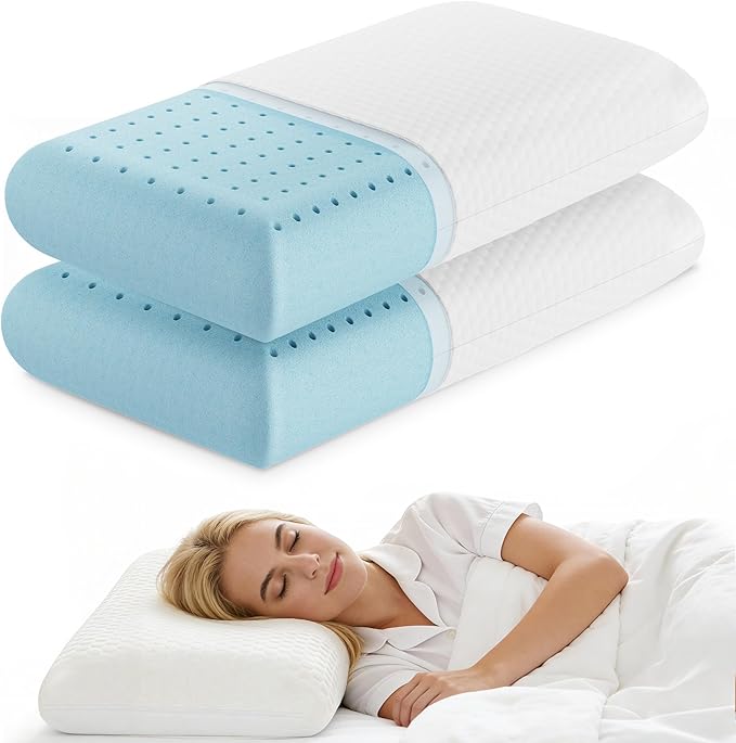 NEWBULIG Cooling Gel Memory Foam Pillow for Neck Pain Relief - Breathable Mesh with Washable Cover Standard Size Bed Pillows for Side & Back Sleepers, CertiPUR-US & Oeko-TEX Certified, 2 PCS, White