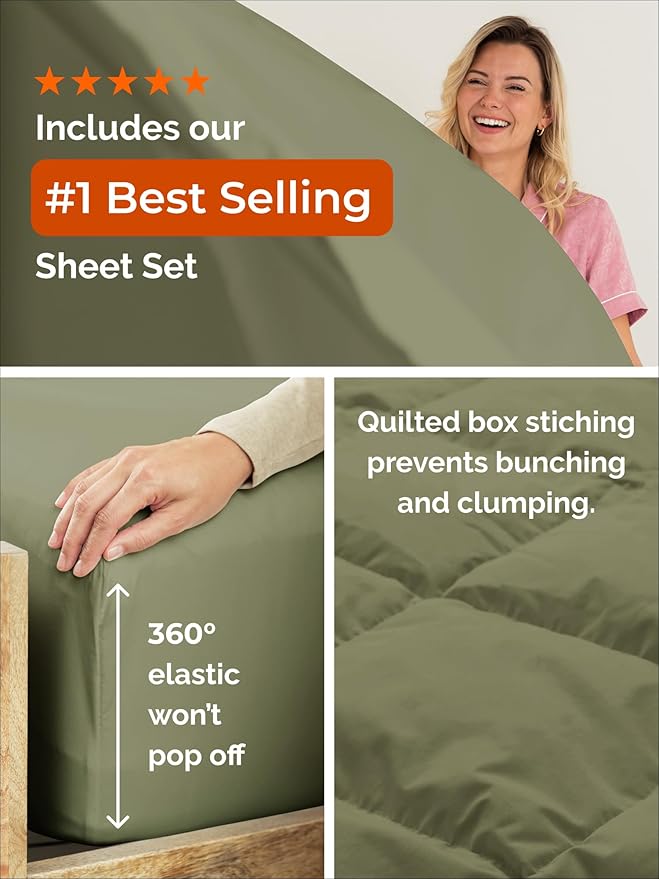 Queen Comforter Set - 3 Piece Bed Set for All Seasons - 1 Soft Quilted Comforter w/ Corner Tabs & 2 Pillow Shams - Comfy & Breathable - Premium Down Duvet Insert - Oeko-TEX - Queen Size, Sage Green