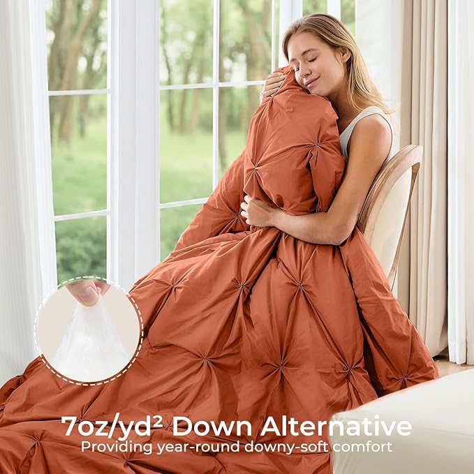 Sasttie King Size Comforter Set, 7-Piece Bed in a Bag, Pintuck Bedding Set for All Season, Includes Comforter, Flat Sheet, Fitted Sheet, Pillowcases and Pillowshams, Burnt Orange