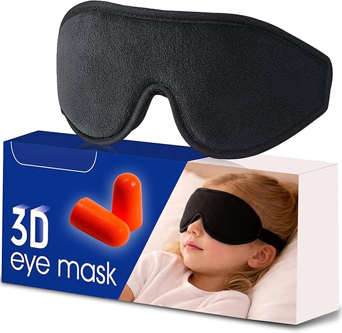 3D Sleep Mask for Kids, Light Block Sleeping Blindfold Memory Foam Contoured Eye Mask for Sleep, Adjustable Strap Eye Cover and Travel Sleep Mask for Boys Girls, Black