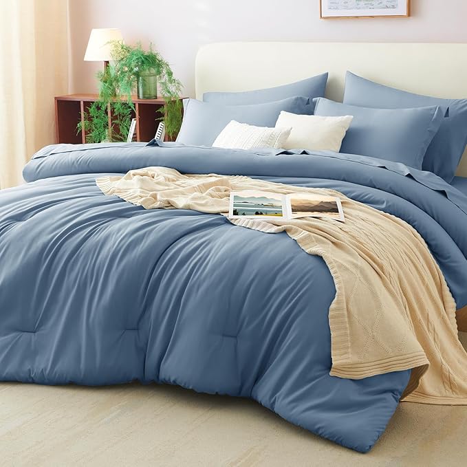CozyLux Queen Comforter Set Grayish Blue, 7 Pieces Bed in a Bag Queen Comforter Set with Sheets, Bedding Sets with Down Alternative Comforter, Fitted Sheets, Flat Sheets, Pillow Shams and Pillowcases
