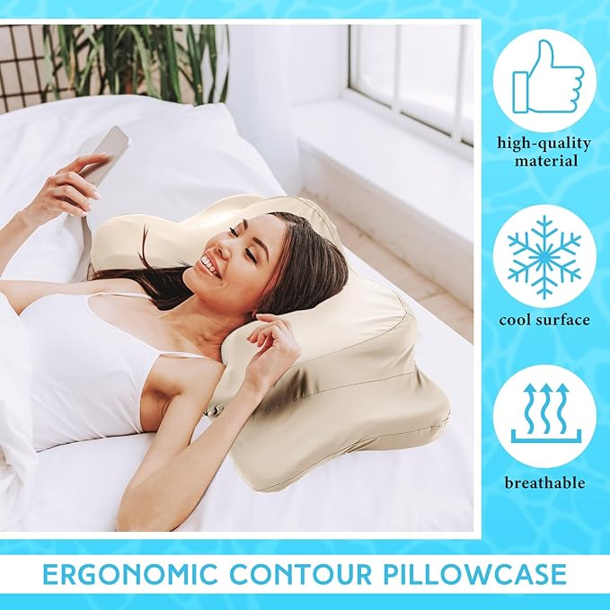 Hahafelt Cooling Cervical Neck Pillowcase Cover (Only Pillow Case) Ergonomic Pillowcase with Zipper Breathable Contour Pillow Cover for Side Back Stomach Sleepers(Champagne,Standard Size)