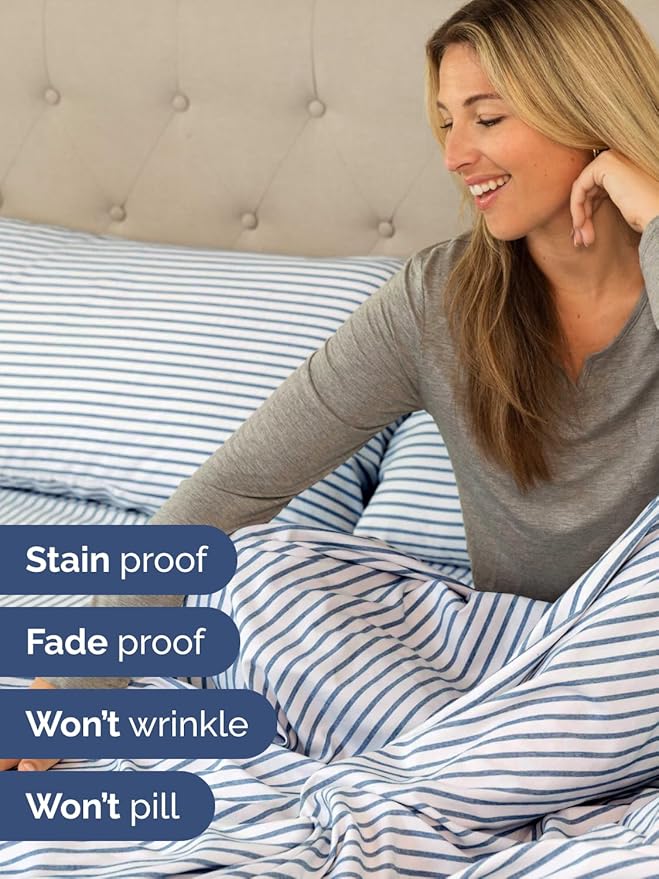 Extra Deep Twin Sheet Set - 3 Piece Breathable & Cooling Bed Sheets - Easily Fits 18 to 24 inch Mattress - Ultra Soft, Wrinkle & Fade Free w/ Extra Deep Pockets - Hotel Luxury Bedding - Blue Stripes 2
