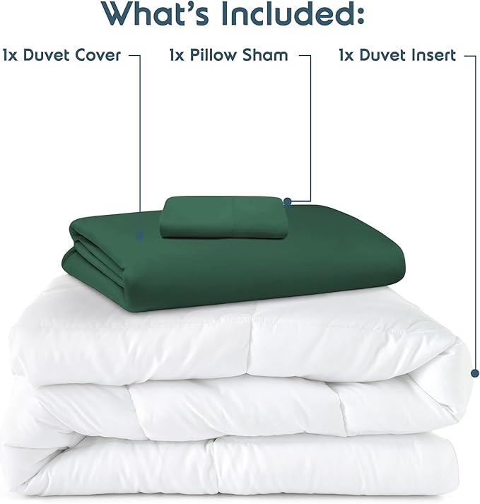 Nestl Twin Duvet Cover Set with Comforter Insert - Dark Green 3 Piece 68x90 Duvet Cover & 1 Pillow Sham with White Quilted Down Alternative Comforter, Ultra Soft, All Season