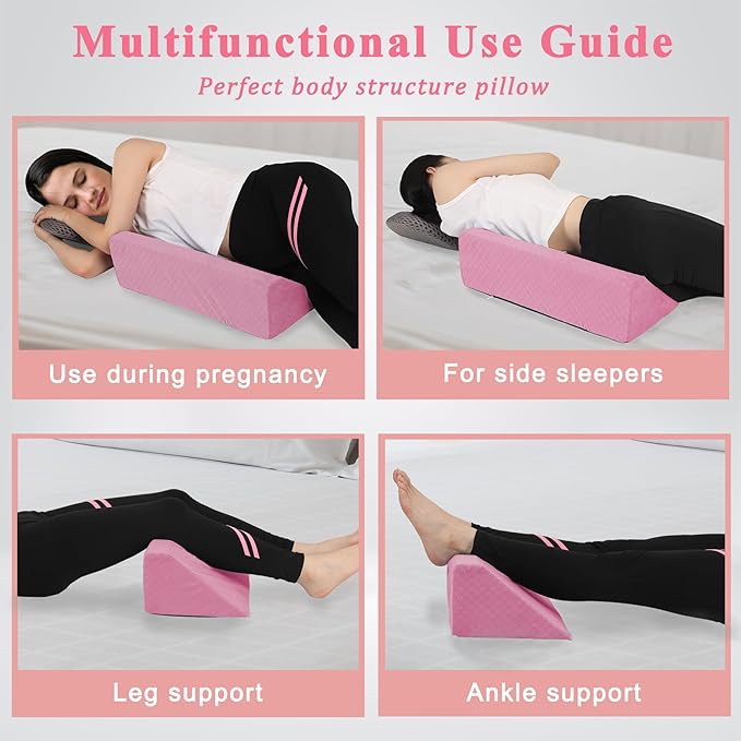 Bed Wedge Pillow for Side Sleepers, Body Position Wedges, Side Wedge Pillow for Sleeping Back Positioning Elevation Pillow for Bed Sores Elder and Pregnant Woman (Dark Pink)