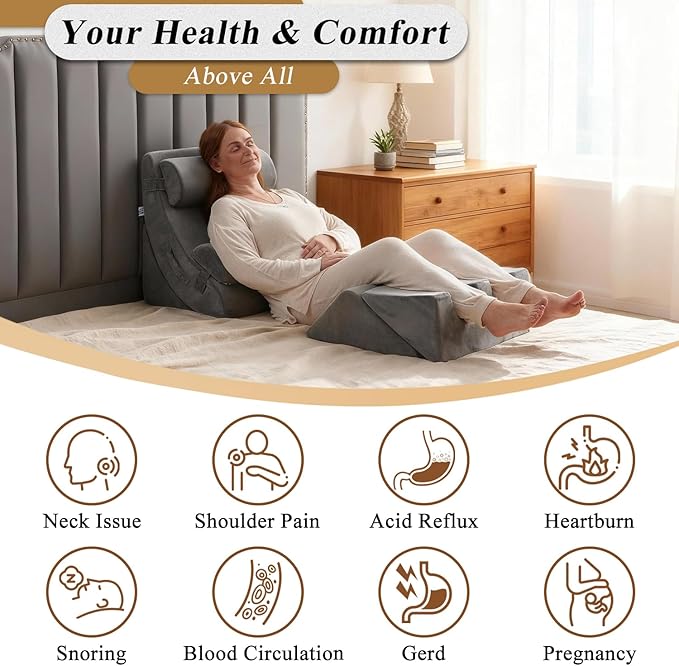 Axelrod 6PCS Orthopedic Bed Wedge Pillow Set, Post Surgery Foam for Back, Neck and Leg Pain Relief Comfortable & Adjustable Pillows- Anti Snoring, Heartburn, Acid Reflux & GERD Sleeping Grey