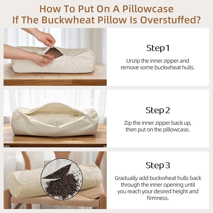 Buckwheat Pillow - Adjustable Buckwheat neck Pillow(17x6) to Provide Firm Support, Neck Roll Pillows for Side and Back Sleepers, Cylinder Bolster Pillows with Organic Pillowcase
