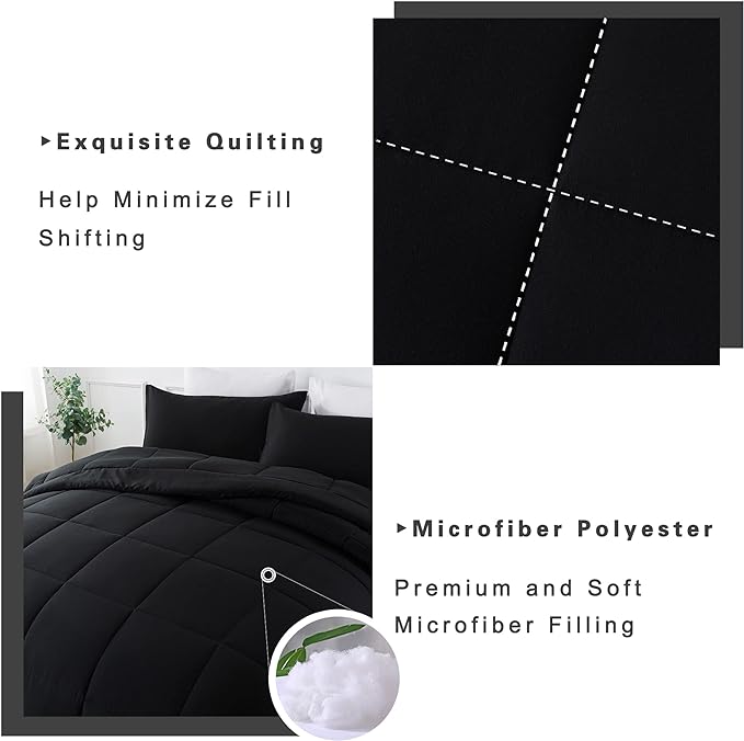 DOWNCOOL Queen Comforter Set -All Season Queen Bed Set with 2 Pillow Cases-3 Pieces Bedding Sets Queen -Down Alternative Black Queen Size Comforter Sets(88"x92")