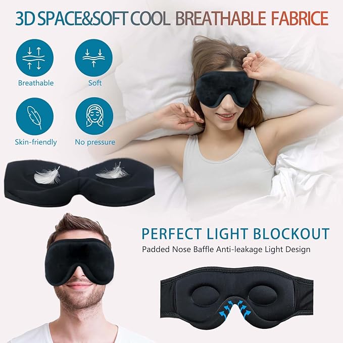Sleep Eye Mask for Men Women, 100% Light Blocking 3D Sleeping Mask, Soft Breathable Sleep Eye Mask with Adjustable Velcro for Flight Nap, Relaxing Zero Pressure Night Blindfold