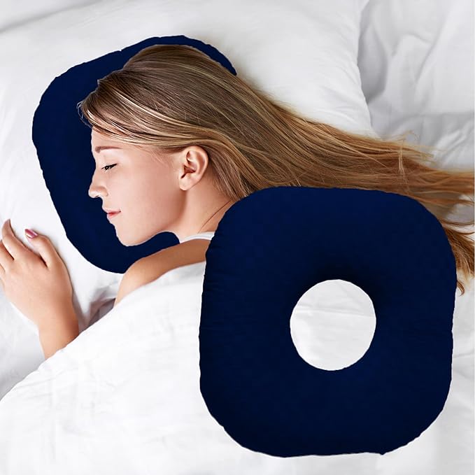 Ear Piercing Pillow for Side Sleepers, Pillow with an Ear Hole for CNH and Ear Pain Ear Inflammation Pressure Sores, O-Shaped Side Sleeping Pillow, Ear Guard Pillow (Ink-Blue)