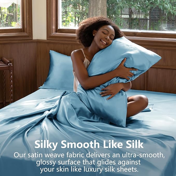 CozyLux Satin Sheets Queen Size Bed Set - 4 Piece Silky Queen Sheet Set, Luxury Sky Blue Queen Sheets with Smooth and Soft Microfiber, Includes 1 Fitted Sheet, 1 Flat Sheet and 2 Pillowcases