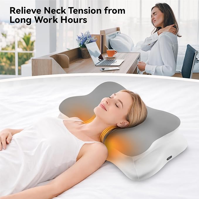 Heated Cervical Pillow for Neck Pain Relief, Ergonomic Contour Orthopedic Memory Foam Pillow for Neck Support, USB Heating with Adjustable Temp Settings