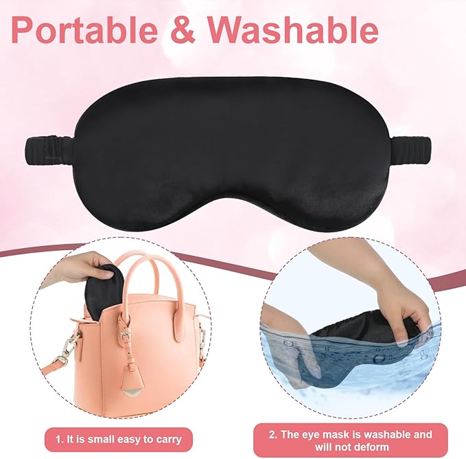 2 Pack Silk Sleep Mask Adjustable Silk Eye Mask for Sleeping Soft Sleeping Eye Shade Cover for Women Men Soft Blackout Eye Mask Satin Blindfold with Elastic Strap for Travel & Home-Black