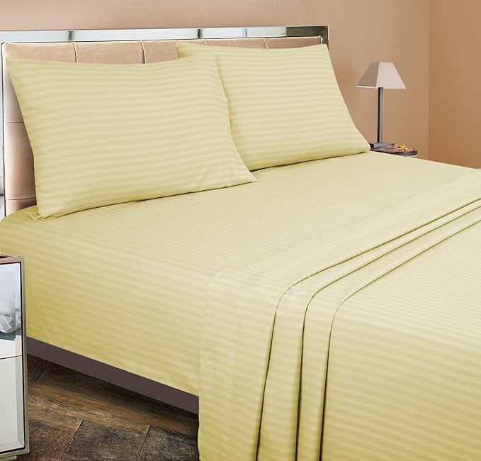 ROYALE LINENS 3 Piece Twin Sheets Set - Soft Brushed 1800 Microfiber Bedding - 1 Fitted, 1 Flat Sheet, 1 Pillow case - Wrinkle Free & Fade Resistant - Hotel Luxury Bed Sheets (Stripe Beige, Twin)