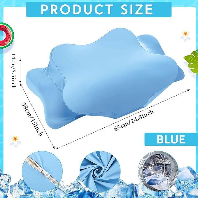 Hahafelt Cooling Cervical Neck Pillowcase Cover (Only Pillow Case) Ergonomic Pillowcase with Zipper Breathable Contour Pillow Cover for Side Back Stomach Sleepers(Blue,Queen Size)