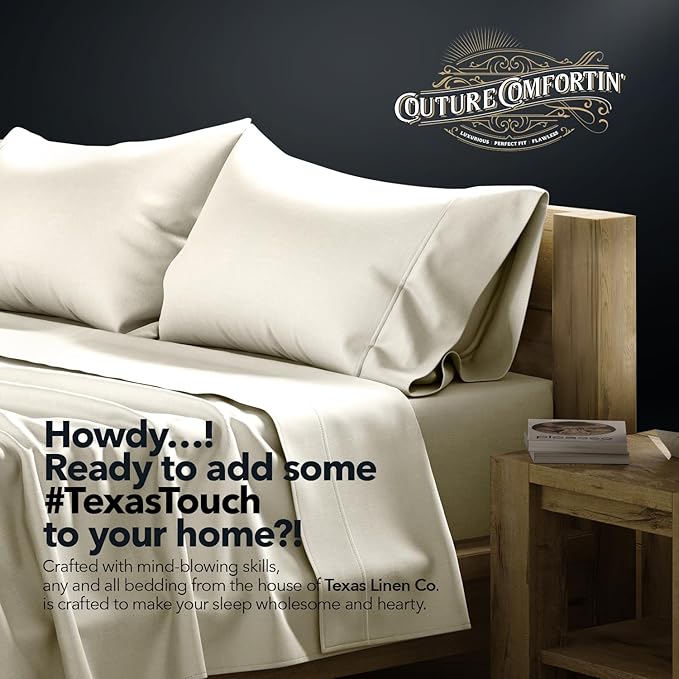 TEXAS LINEN CO. 100% Egyptian Cotton Queen Sheets Set - Luxury 1500 Series Couture Comfortin' Collection Egyptian Cotton Sheets Queen Size Bed Set (4 PC, Ivory), 17" Deep Pocket, Hotel Bedding Set