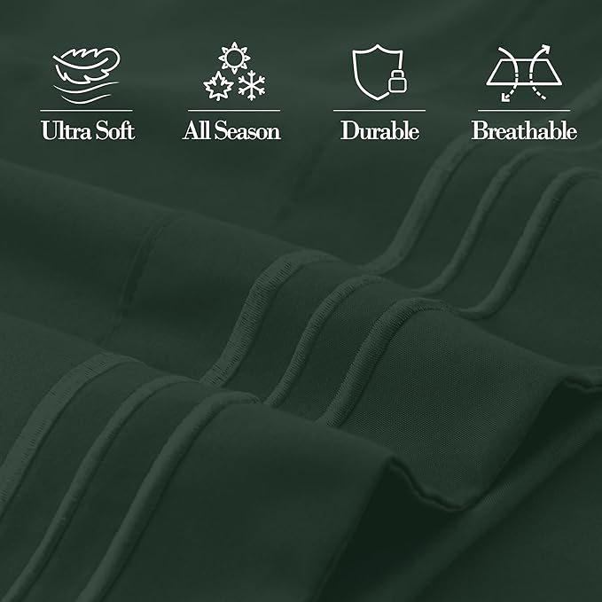 Mocassi 2-Piece Premium King Pillowcase Set 1800 Series Hotel Quality Microfiber - Soft and Breathable with 3-Line Embroidery Wrinkle and Stain Resistant, Easy Care, 20" x 40", Forest Green