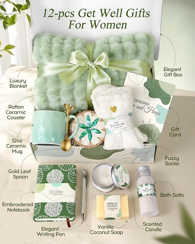 Get Well Soon Gift Baskets - Mothers Day Gift Basket, Hug In a Box with Blanket, Thoughtful Self Care Gifts for Get Well Sympathy Relaxation Birthday Thinking of You, Spa Kit For Women