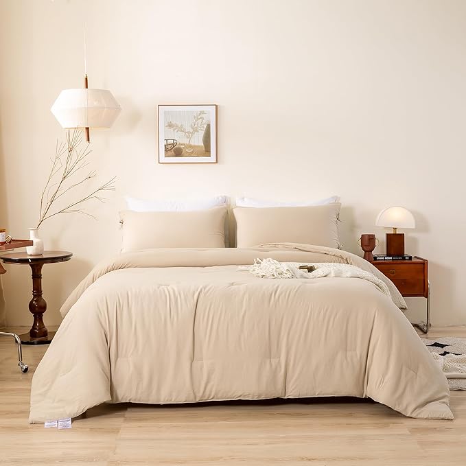 Ultra-Soft Beige Comforter Set Queen - Comfy Cozy Washed Polycotton - Comfort Fluffy Bedding Blanket Down Alternative Comforter Set with Pillowcase - Lightweight but Warm All Season - Khaki