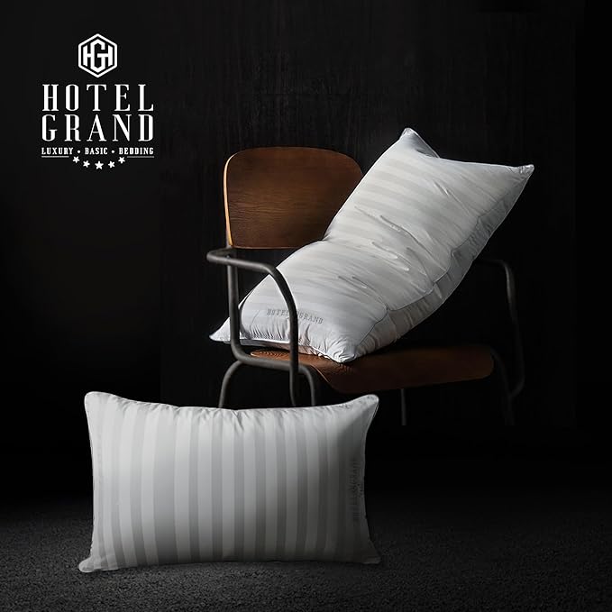 Hotel Grand Bed Pillows Standard Size Set of 2 Packs - 500 Thread Count 100% Cotton Medium Firm Hypoallergenic Feather Down Pillows Machine Washable Pillow for Back, Stomach or Side Sleepers, 20"x26"