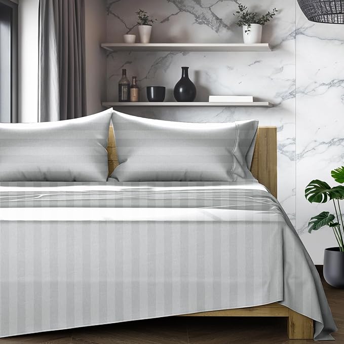 TEXAS LINEN CO. 100% Egyptian Cotton Sheets King Size Set - 1200 Series Star Sleepin' Damask Egyptian Cotton Luxury Sheets King Size (4 PC, Silver Stripe), 17" Deep Pocket, Sateen Hotel Bedding Set