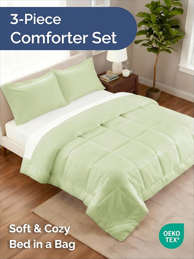 Full Comforter Set - 3 Piece Bed Set for All Seasons - 1 Soft Quilted Comforter with Corner Tabs & 2 Pillow Shams - Comfy, Cozy & Breathable - Premium Down Duvet Insert - Full Size, Light Sage Green
