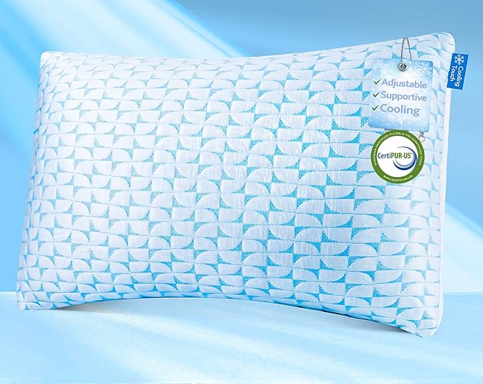 QUTOOL Firm Pillow Shredded Memory Foam, Cooling Pillow for Hot Sleeper, Adjustable Bed Pillow for Side Back Stomach Sleepers, Washable Cover, CertiPUR-US Certified, King Size