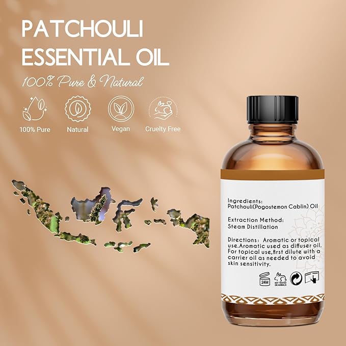 Patchouli Essential Oil for Skin Hair Diffuser, 100% Pure Natural Patchouli Oil for Room Spray, Roll On, DIY Candles & Soap Making - 4 Oz
