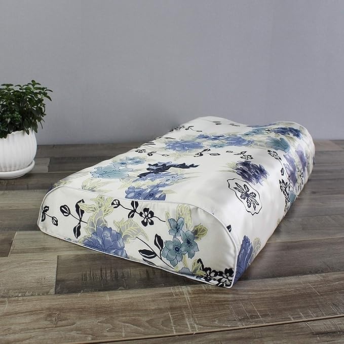Mulberry Silk Pillowcase for Memory Foam, Neck & Cervical Pillow (Blue Flowers, 24" x 14" x 4.7"/3.9")