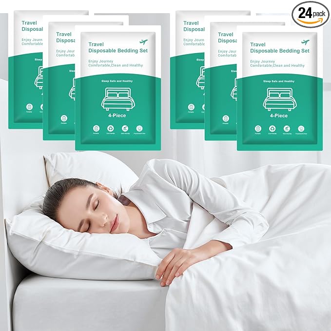 6 Pack (24 PCS) Disposable Bed Sheets for Travel, Queen Size Disposable Sheet with Quilt Cover and Pillowcase, Disposable Bedding Sheet, Travel Hotel Essentials for Hotel,Cruise