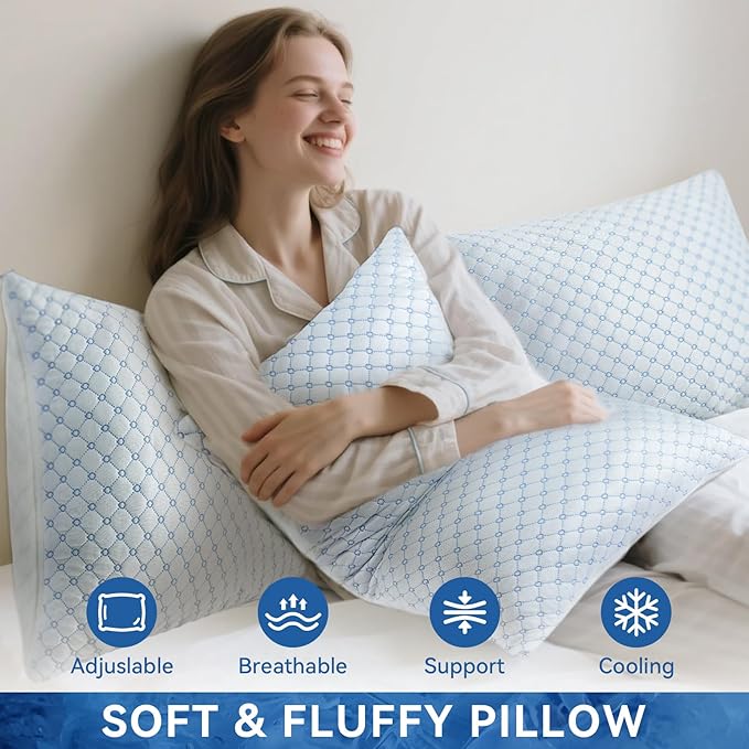 Cooling Bed Pillows for Sleeping Set of 2, Shredded Memory Foam Pillows for Bed Standard Size 2 Pack, Adjustable Cool Pillow for Side, Back and Stomach Sleepers Neck Supportive