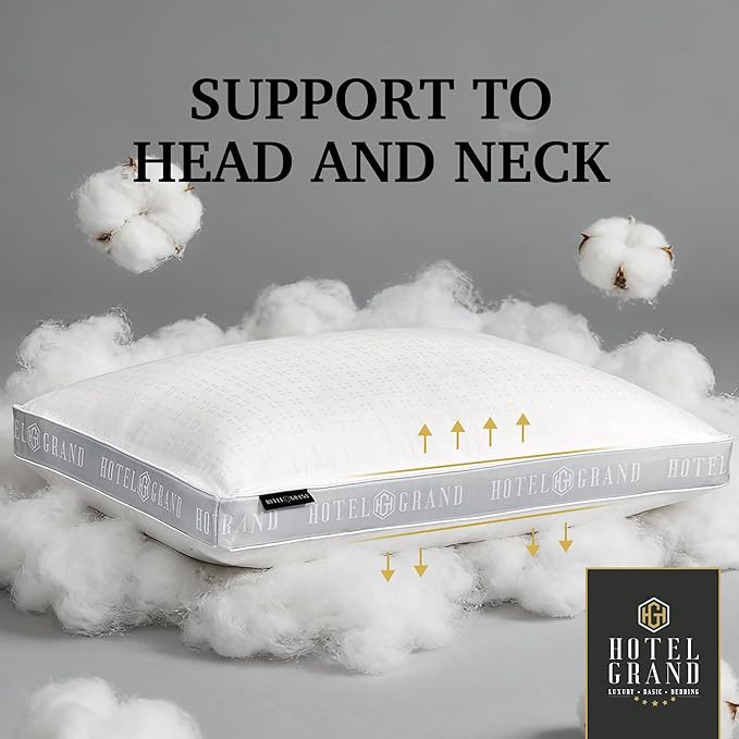 Hotel Grand Bed Pillows Queen Size Set of 2, 500 Thread Count Cotton Cover, Down Alternative Hotel Pillow for Side, Back, or Stomach Sleepers, Medium Firm Hypoallergenic 18”x26”