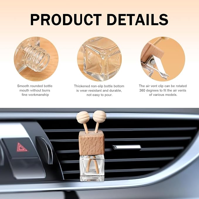 8PCS Empty Car Diffuser Bottle, Refillable Car Air Freshener Vent Clip, Car Air Freshener Diffuser Empty Glass Bottles, Car Scent Diffuser Bottle for Most Vehicles Interior Accessories
