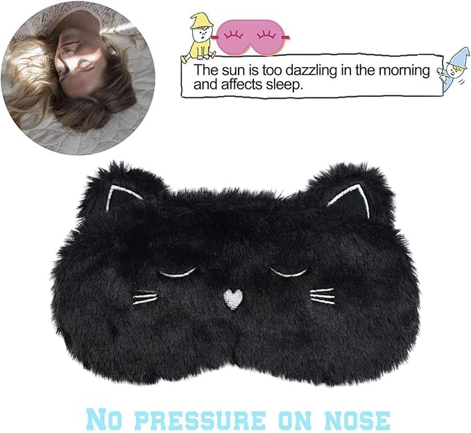 Cute Sleeping Mask, Black Cat Soft Plush Fluffy Sleep Mask Men Cartoon Kittens Blindfold Novelty Eye Cover Eyeshade Shade for Kids Girls and Adult Travel (Black, Cat)